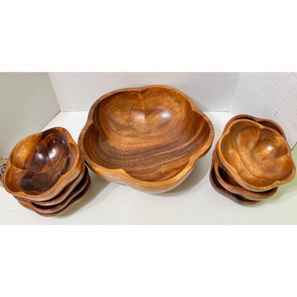 9 Piece Monkey Pod Wood Salad Serving Bowl Set Mid Century Scalloped - Picture 1 of 11